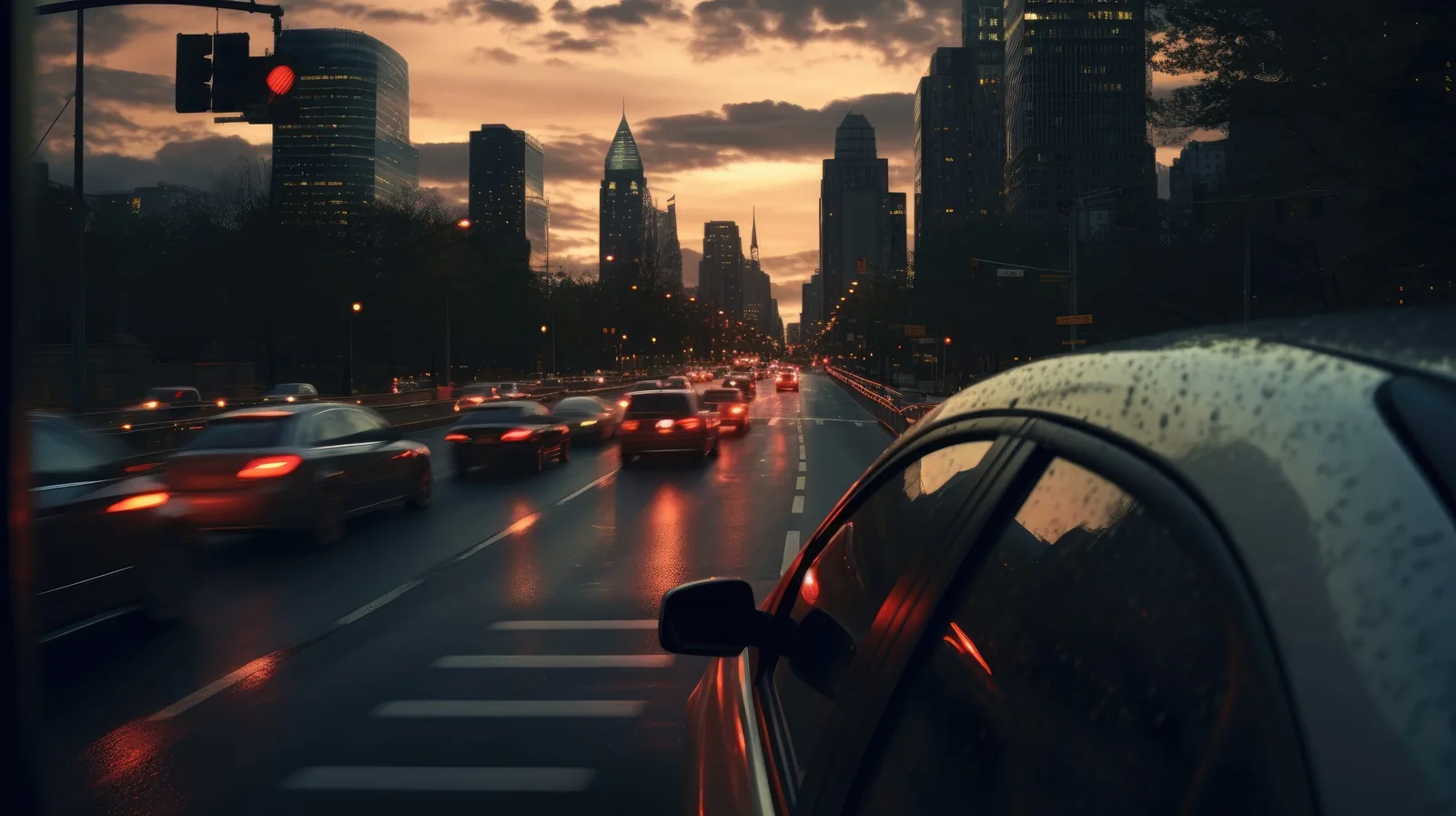 Veículos em uma avenida ao entardecer